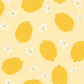 Large, Ditsy Yellow Lemons and Flowers on Soft Yellow