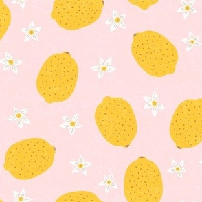 Large, Ditsy Yellow Lemons and Flowers on Soft Pink