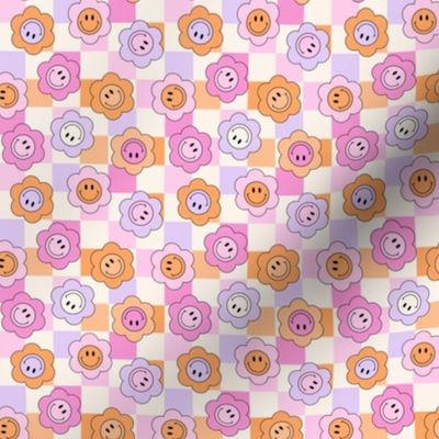 Smiley Face Flowers on Checkerboard 90s retro kids in orange pink lilac tiny micro 3/4 inch flowers