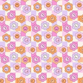 Smiley Face Flowers on Checkerboard 90s retro kids in orange pink lilac tiny micro 3/4 inch flowers