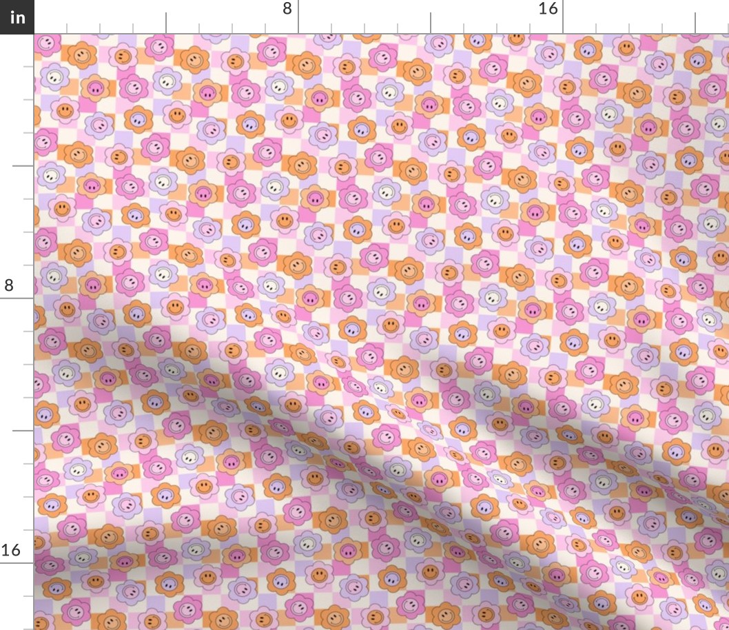 Smiley Face Flowers on Checkerboard 90s retro kids in orange pink lilac tiny micro 3/4 inch flowers