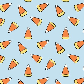 Large Tossed Cartoon Candy Corn in Soft Blue, Orange, and Yellow for Halloween