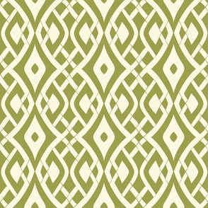 1960s Inspired Geometric Woven Textile: Retro Olive Green & Ivory Interlocking Pattern for Mid-Century Modern Decor