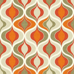 Retro Flair Abstract Waves: Mid-Century Modern Textile Design in Orange, Red, and Olive Green 1970s