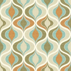 Oceanic Vibe Geometric Curves: Mid-Century Modern Textile in Aqua, Teal, and Earthy Brown Tones 1960s