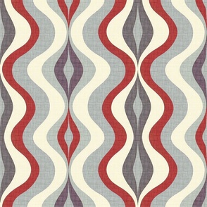 Retro Waves Harmony: 1960s Inspired Woven Textile in Blue, Red, and Gray - A Mid-Century Modern Distressed Aesthetic