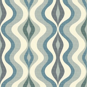 Cool Blue Rhythmic Waves: 1960s Woven Textile in Serene Blue Hues for a Distressed Mid-Century Modern Look