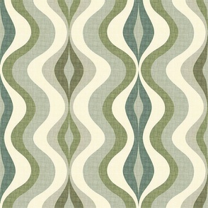 Verdant Wave Elegance: 1960s Woven Distressed Fabric in Lush Green Teal - Chic Mid-Century Modern Textile Classic Wave