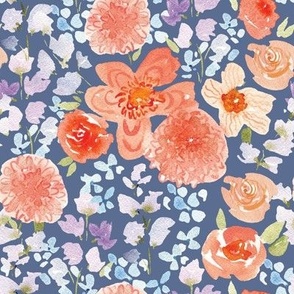 loose pastel blooms off whitePastel watercolor floral blooms in pink, blue, purple on blue nova
