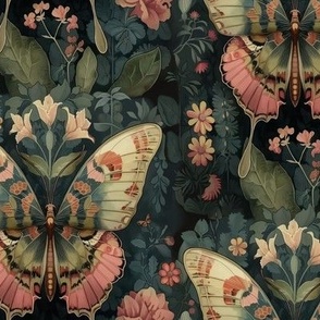 William Morris butterfly pink yellow green romantic