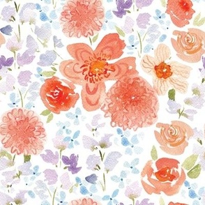 loose pastel blooms off whitePastel watercolor floral blooms in pink, blue, purple on white