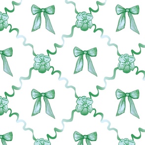 Medium - Green Bows Mint Green Ribbons and Soft Green Roses on White