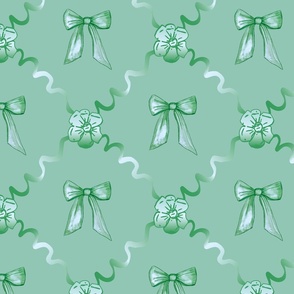 Medium - Green Bows Mint Green Ribbons and Soft Green Roses on Jade Green