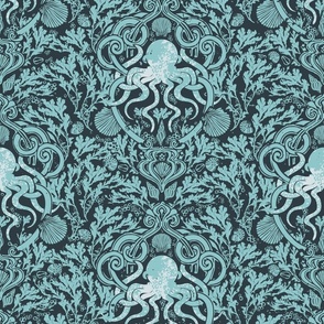 Tropical Art Nouveau Octopus Damask in Aqua and Teal Luxe
