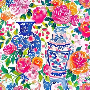 Preppy ginger jars and roses watercolor