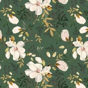 Ditsy Deep Green / Gold / White Flowers