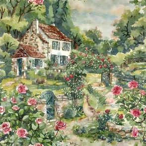 Cottage rose garden watercolor painting