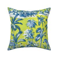 Zebras in palm grove toile de jouy in lime and blue