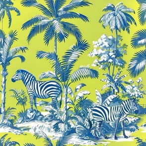 Zebras in palm grove toile de jouy in lime and blue