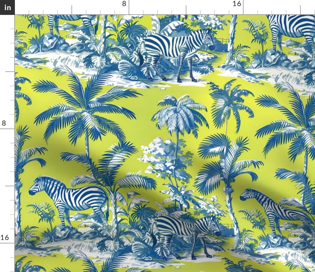 Zebras in palm grove toile de jouy in lime and blue