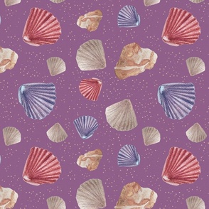 (M) Trip to the beach - shells and nacre on a shiny sand shore texture on middle purple Rhinestone