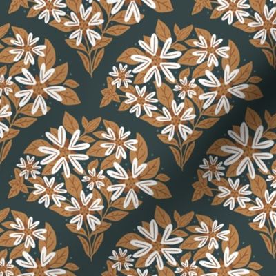 Chickweed Flower Fan Geometric Floral - Dark Green, Ochre, and White - Medium Scale - Moody Botanical Design for Dark Cottagecore and Dark Academia Styles