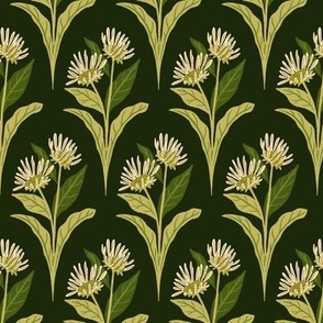 Elecampane Flowers and Leaves Geometric Floral - Dark Green - Medium Scale - Retro Hand-Drawn Medicinal Herb Design for Vintage Styles
