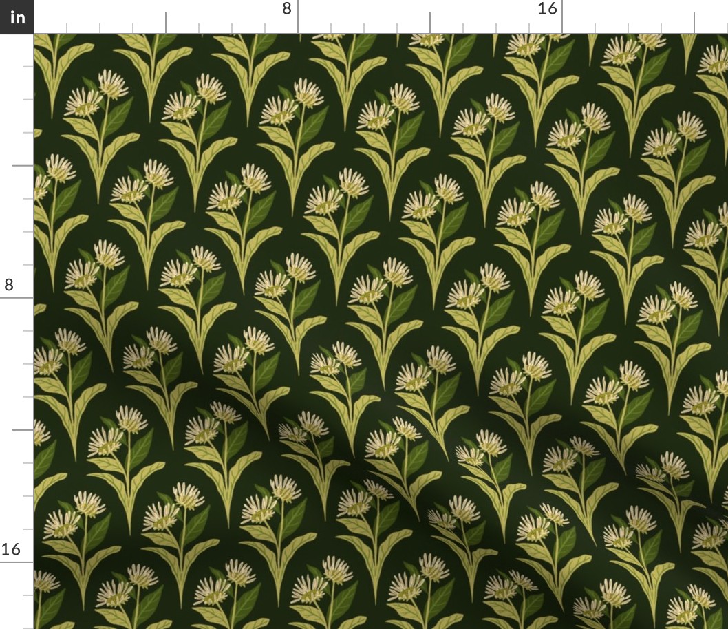 Elecampane Flowers and Leaves Geometric Floral - Dark Green - Medium Scale - Retro Hand-Drawn Medicinal Herb Design for Vintage Styles