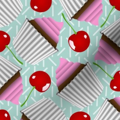 Light Teal Sweet Treats Cupcakes, Sprinkles and Cherries