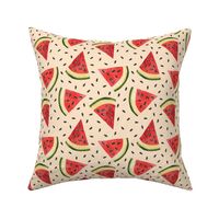 Hand Drawn Watercolor Watermelon Slices and Seeds on Cream, M