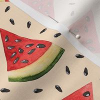 Hand Drawn Watercolor Watermelon Slices and Seeds on Cream, M