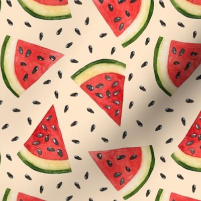 Hand Drawn Watercolor Watermelon Slices and Seeds on Cream, M