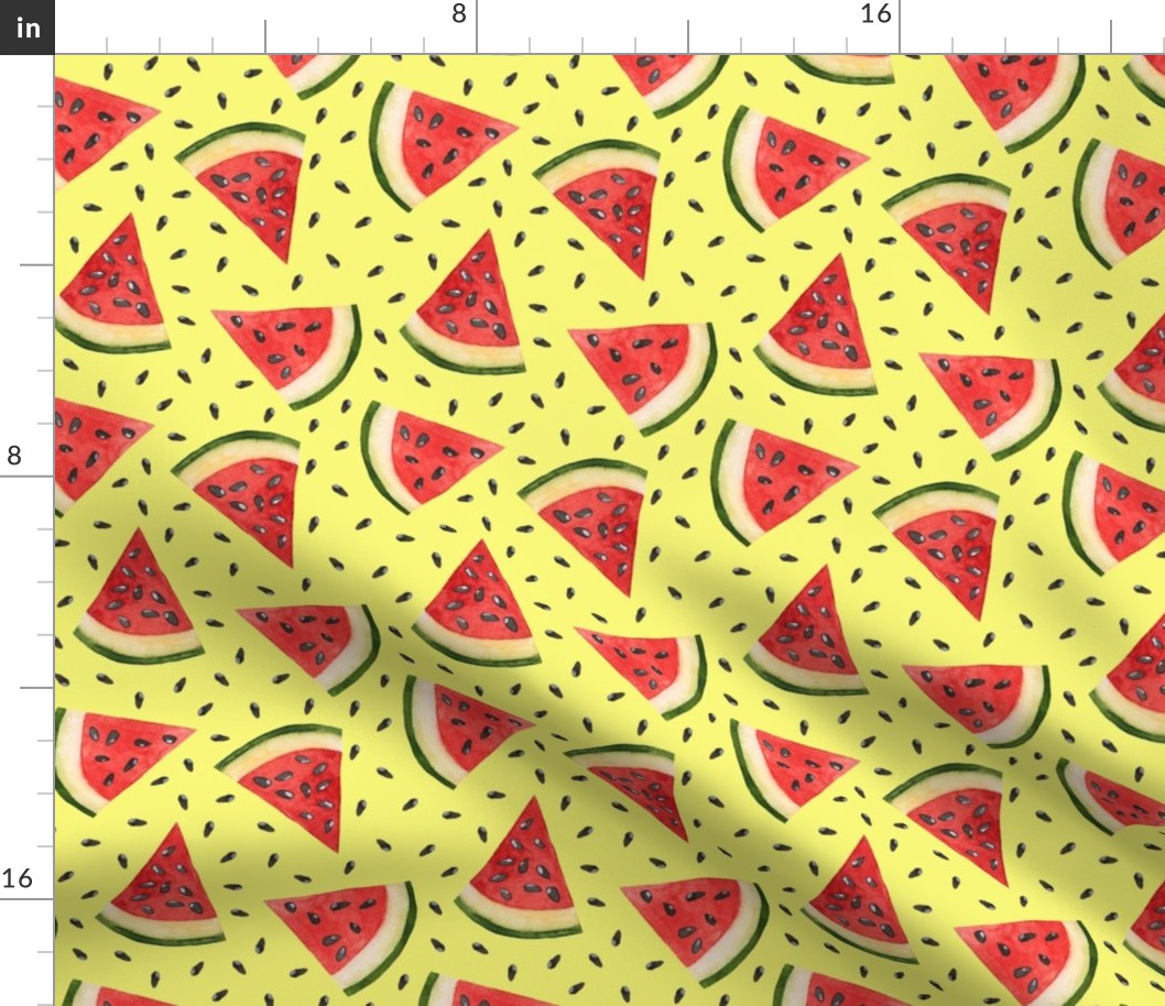 Hand Drawn Watercolor Watermelon Slices and Seeds on Yellow, M