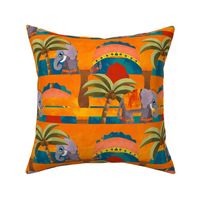 Vintage Indian Elephant Palace Arch Desi Aesthetic Design With Bright Red, Orange, Blue And Yellow