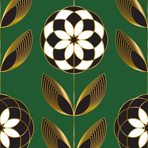 Art Deco Camellia Flowers - Faux Metallic Gold on Green