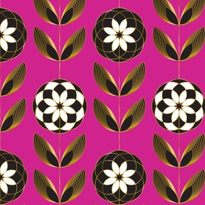 Art Deco Camellia Flowers - Faux Metallic Gold on Hot Pink