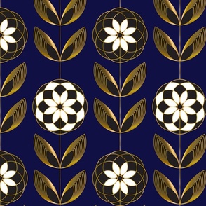 Art Deco Camellia Flowers - Faux Metallic Gold on Navy Blue