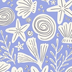 Happy beach seashells and starfish - Periwinkle blue - Medium scale
