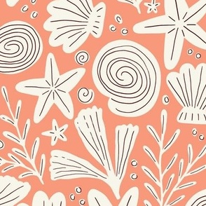 Happy beach seashells and starfish - Coral orange - Medium scale