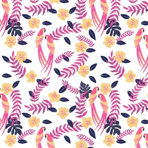 Parrots, tropical leaves and hibiscus flowers - pink, yellow and navy blue