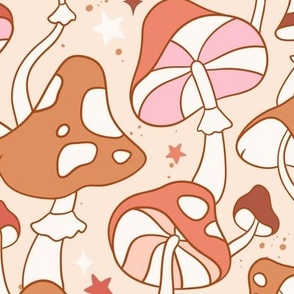 Large Scale / Groovy Mushroom Magic Fungi/ Cream Background