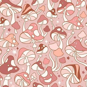 Small Scale / Groovy Mushroom Magic Fungi / Dusty Rose Background