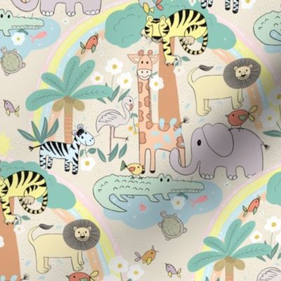 Jungle friends Cute cuter cutest Animals//pastel shades// small scale//kids//home decor//fabric