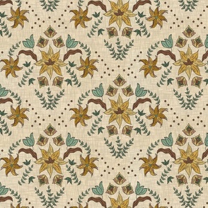 folk floral damask in mustard and green, 12.5" 