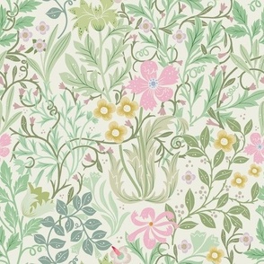 (L) English Garden Floral-Vintage Flowers-Victorian-Pale Sage Green-Pink-Cream