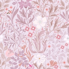 (L)English Garden Floral-Vintage Flowers-Victorian-Gray-Pale Pink-White