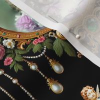 Victorian top hat beautiful woman lady flowers floral roses leaves baroque bows chokers crowns gold emeralds gemstones jewels pearl drops  ringlets hair lavish cupids cherub faces frame border beauty 19th century historical ornate portraits neoclassical e