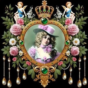 Victorian top hat beautiful woman lady flowers floral roses leaves baroque bows chokers crowns gold emeralds gemstones jewels pearl drops  ringlets hair lavish cupids cherub faces frame border beauty 19th century historical ornate portraits neoclassical e