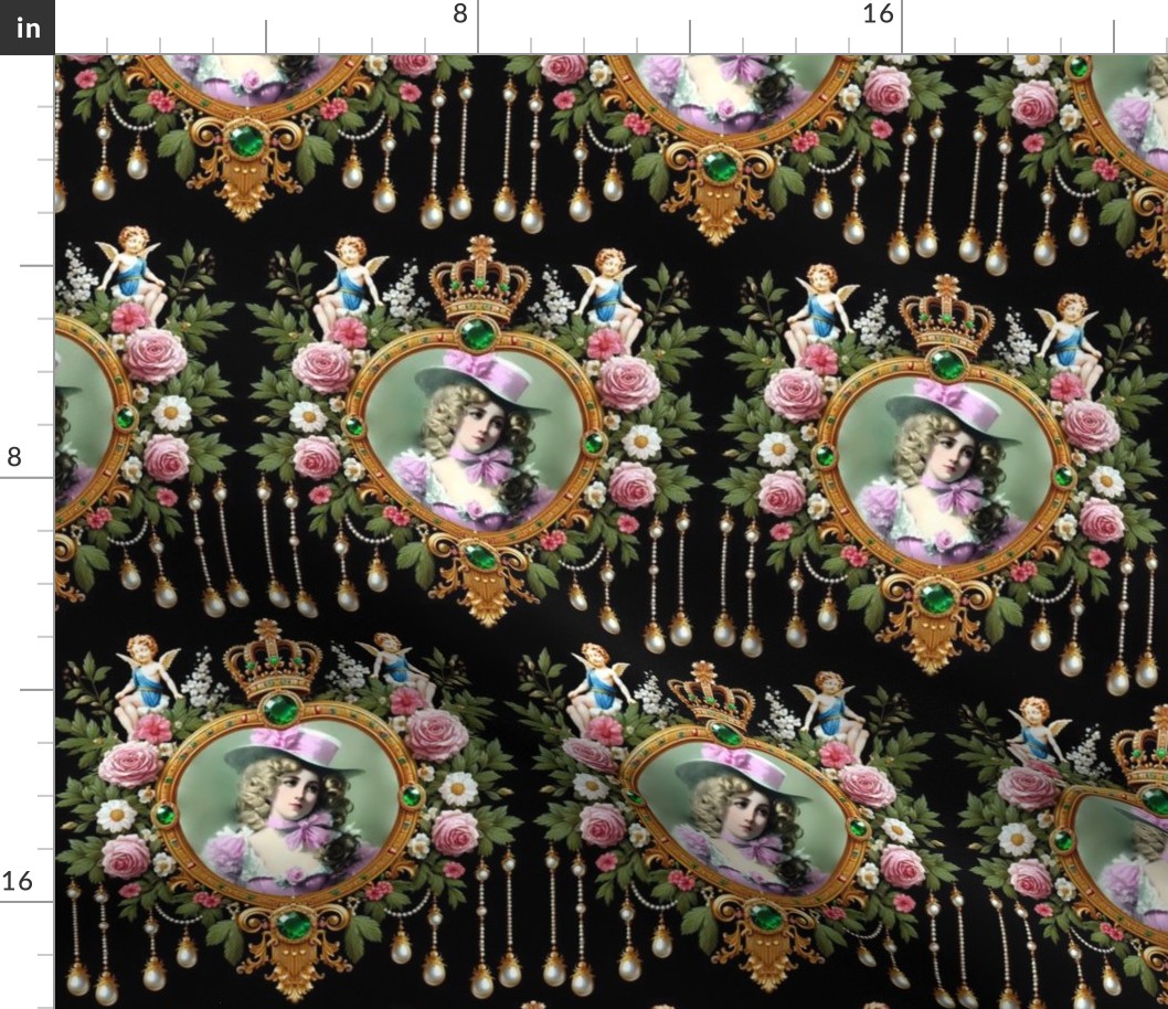 Victorian top hat beautiful woman lady flowers floral roses leaves baroque bows chokers crowns gold emeralds gemstones jewels pearl drops  ringlets hair lavish cupids cherub faces frame border beauty 19th century historical ornate portraits neoclassical e