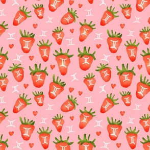 Quirky Gemini Strawberry Pattern, Retro Pink Background